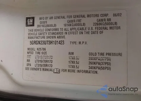 2003 Hummer H2 z USA, uszkodzony, nr VIN 5GRGN23U73H101423